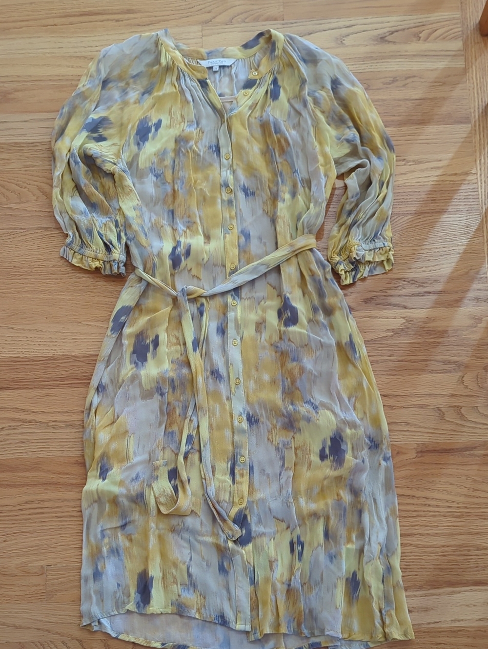 Part Two Yellow, Beige and Blue Button-Front Midi Dress with Tie Belt